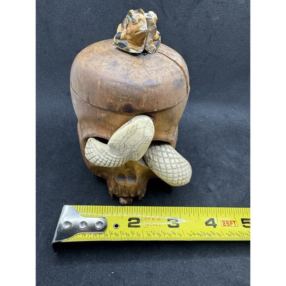 Old Hand Carved Wooden Skull Mini Humidor w Snake Japanese- App 4.5” Tall Read* - Picture 2 of 14